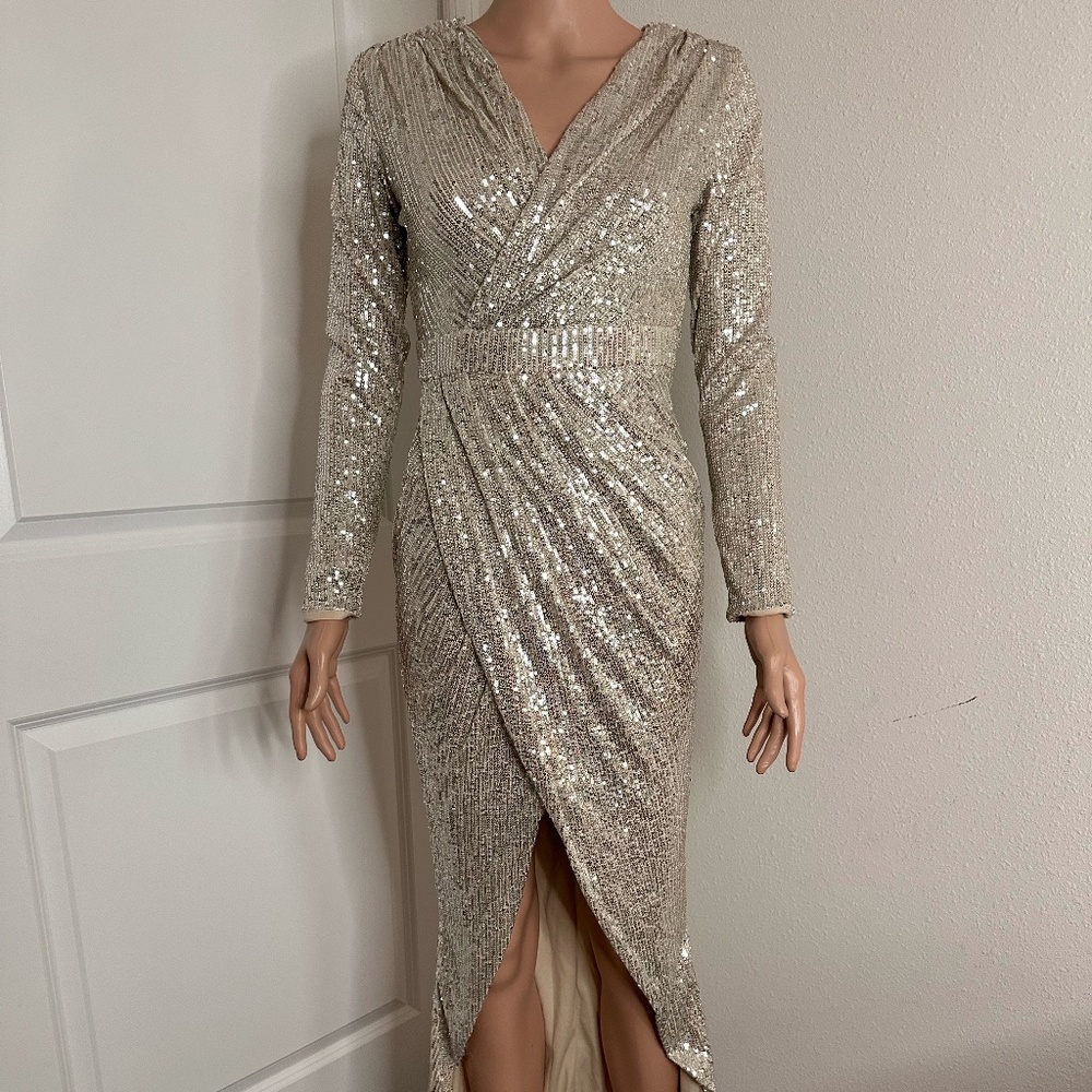 Angle n Bricks  gold sequin dress with long split in size 8.